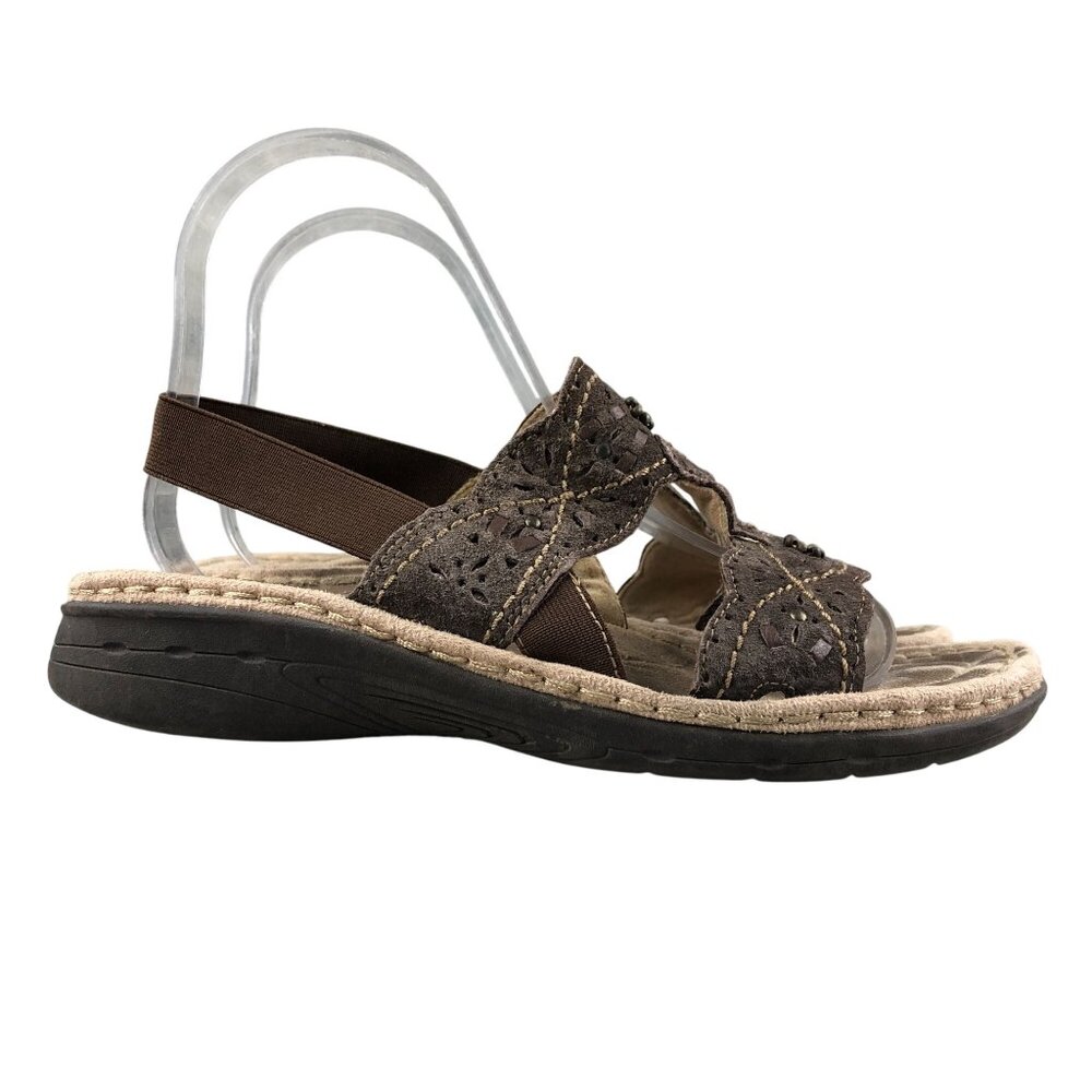 Earth Women's Size 7 Willow Brown Leather Open Toe Slingback Wedge Heel Sandals